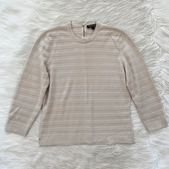 Marlowe Italy Cashmere Silk Beige Tan Taupe Crewneck Ribbed Long Sleeve Sweater - Picture 1 of 9